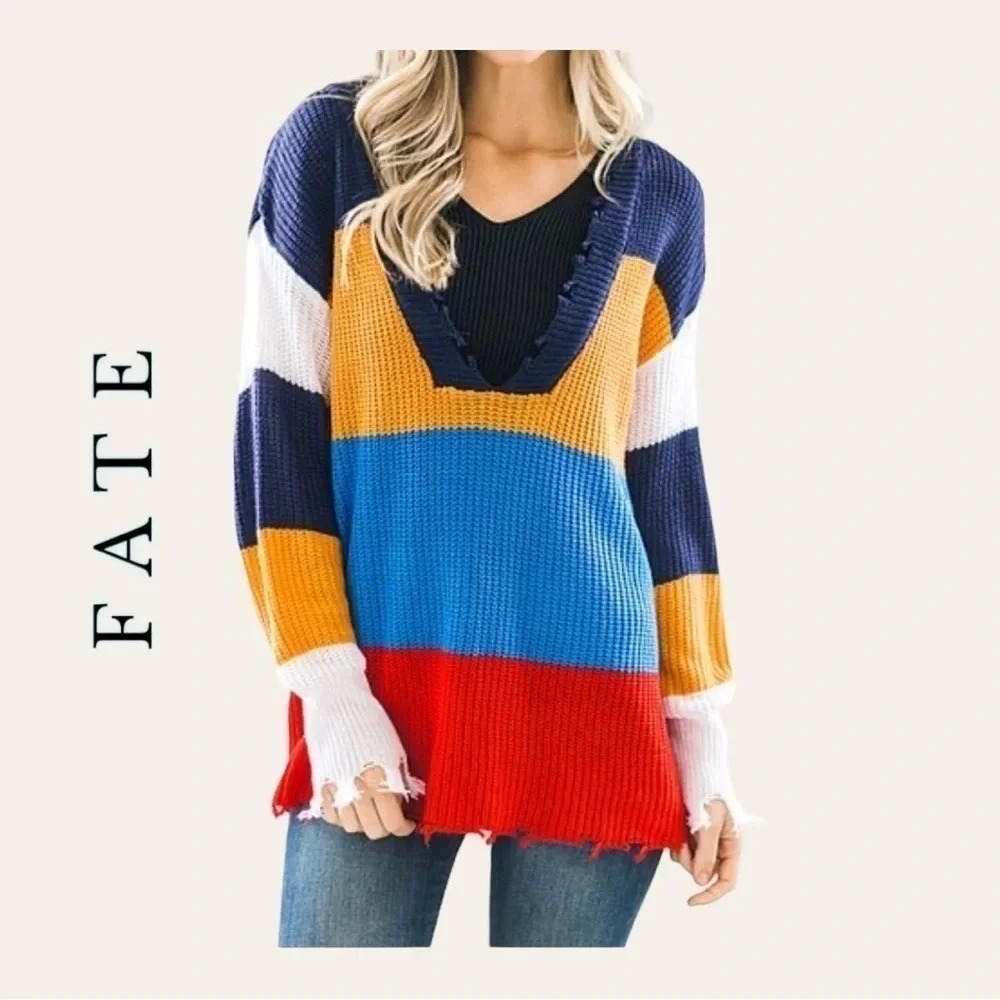 1284. Fate LONG SLEEVE SWEATER SIZE LARGE FACTORY DISTRESSING COLOR BLOCK LG.